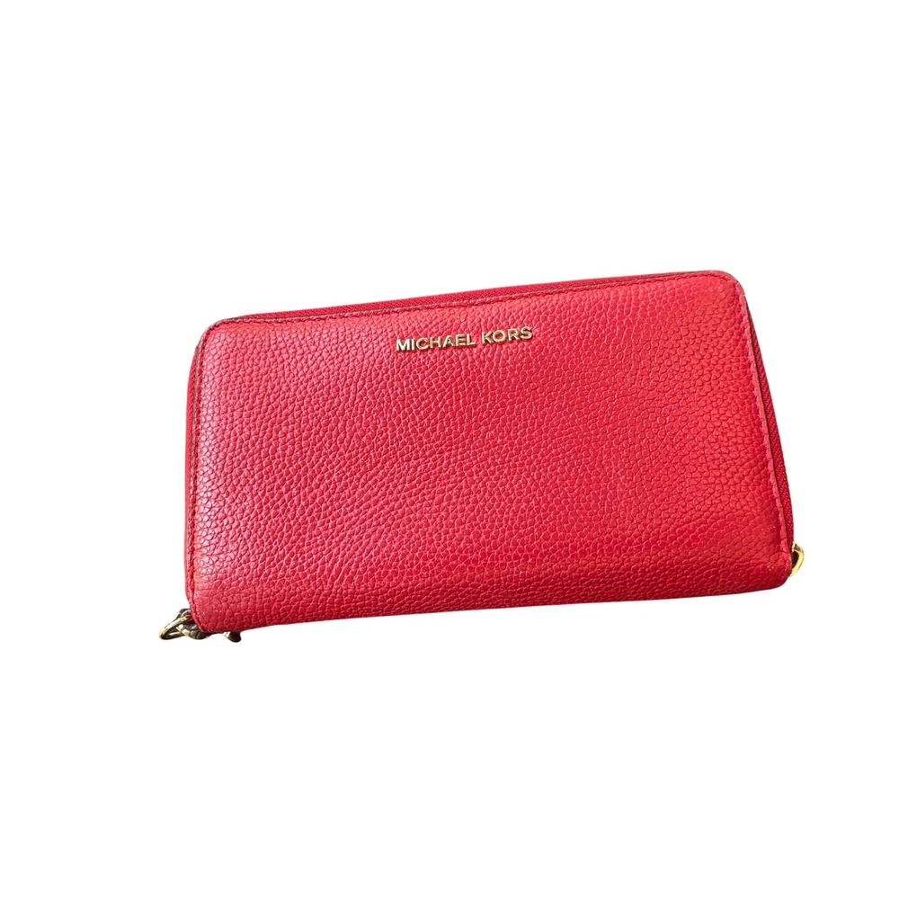 Michael Kors Red Pebbled Leather Jet Set Travel Zip Around Wristlet Wallet